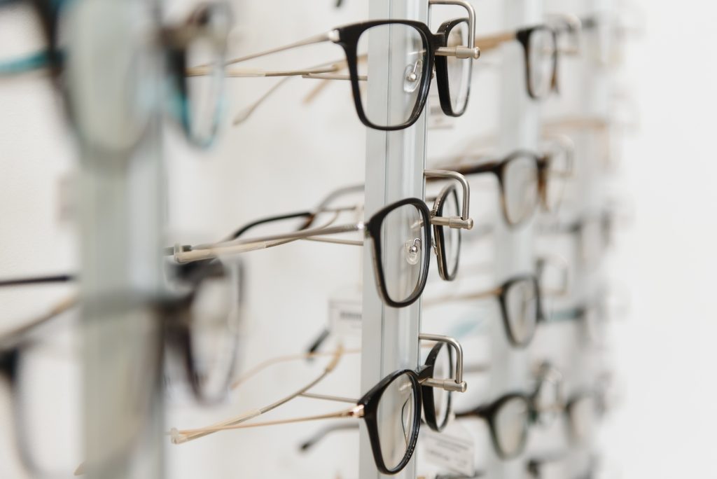eye glasses on the shelf.