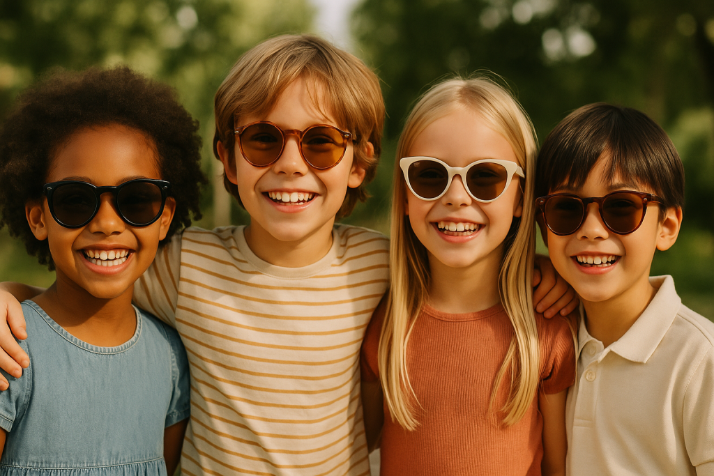 Immagine rettangolare in landscape, in alta qualit&agrave; fotografica, senza scritte al suo interno, che rappresenti dei bambini sorridenti con occhiali da sole alla moda.